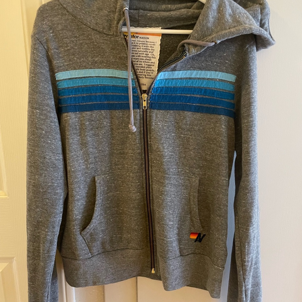 Aviator Nation Gray Zip-Up Hoodie with Blue Stripes size small